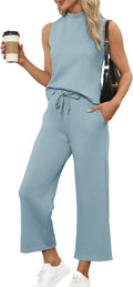 Two Piece Sets for Women Mock Neck Crop Top and Wide Leg Pants