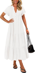 Summer Maxi Dress V Neck Button Tiered Swing Flowy Dress - Flattering
