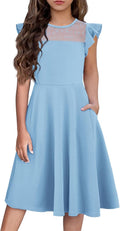 Girls Summer Formal Party Ruffle Sleeve Mesh A-Line Dress