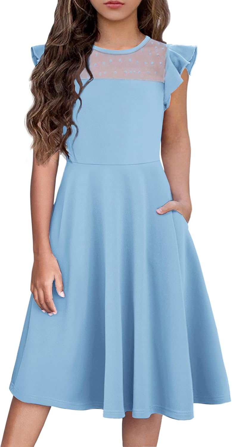 Girls Dresses Summer Formal Party Wedding Ruffle Sleeve Mesh