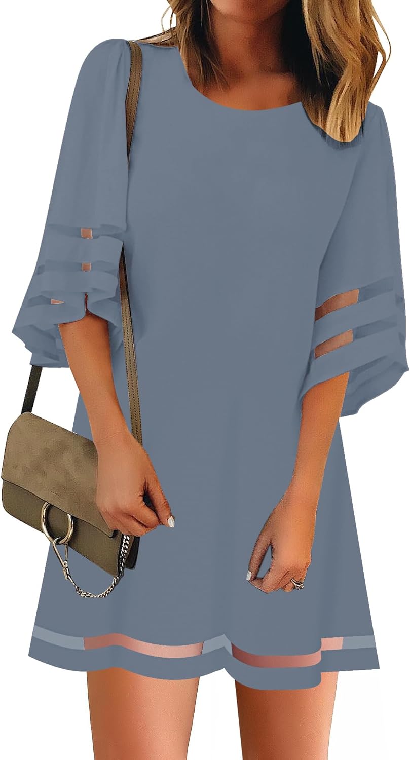 Casual Crewneck Mesh Panel Bell Sleeve Tunic Dress for Women