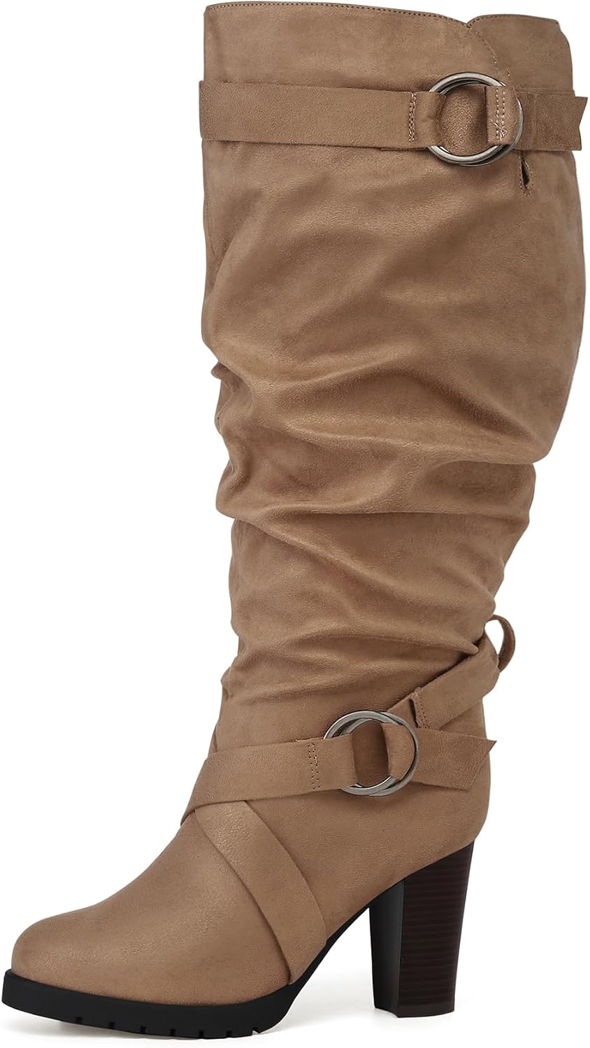 mysoft Women's Wide Calf Knee High Boots with Chunky Heel