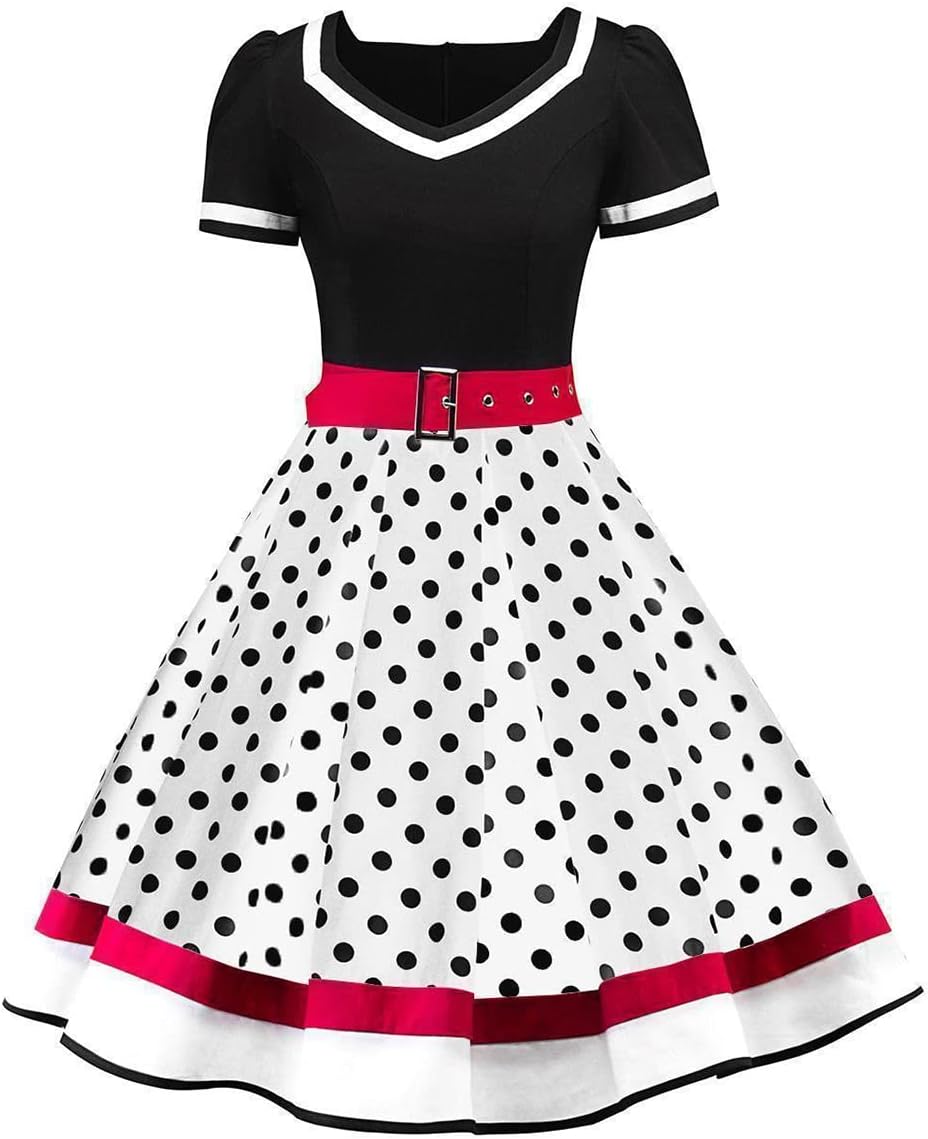 Vintage 1950s Retro Polka Dot Swing Dress for Women Casual