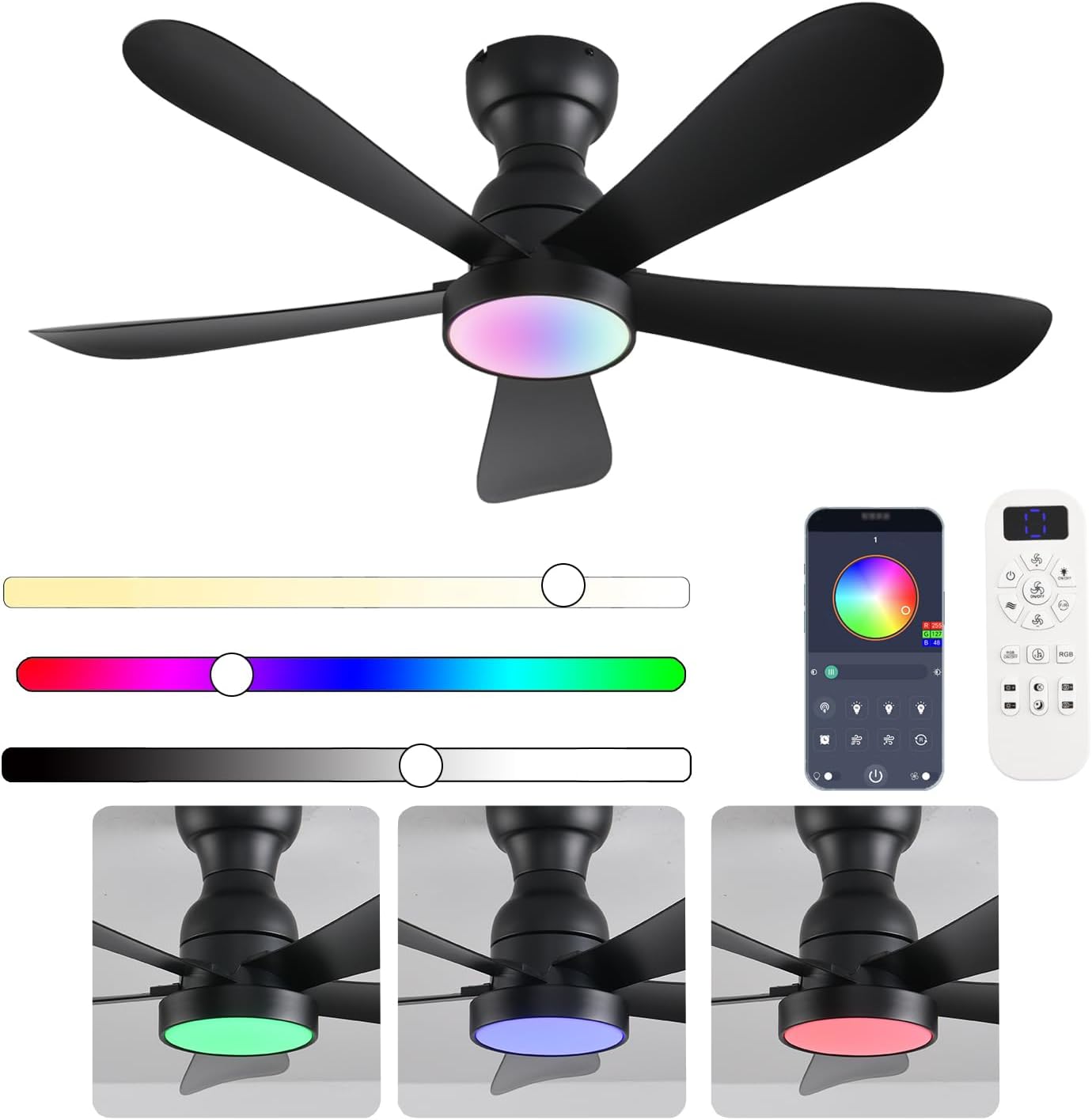 42 Inch Black Ceiling Fan with Lights and Remote Control Features