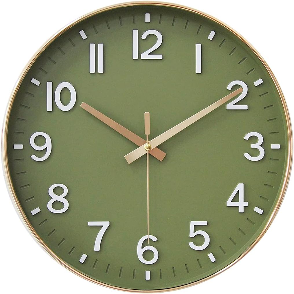 Silent 12 Green & Gold Wall Clock - Timeless Decor