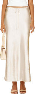 Womens Satin Silk Maxi Skirts Drawstring Flared A-Line Long Skirt fall