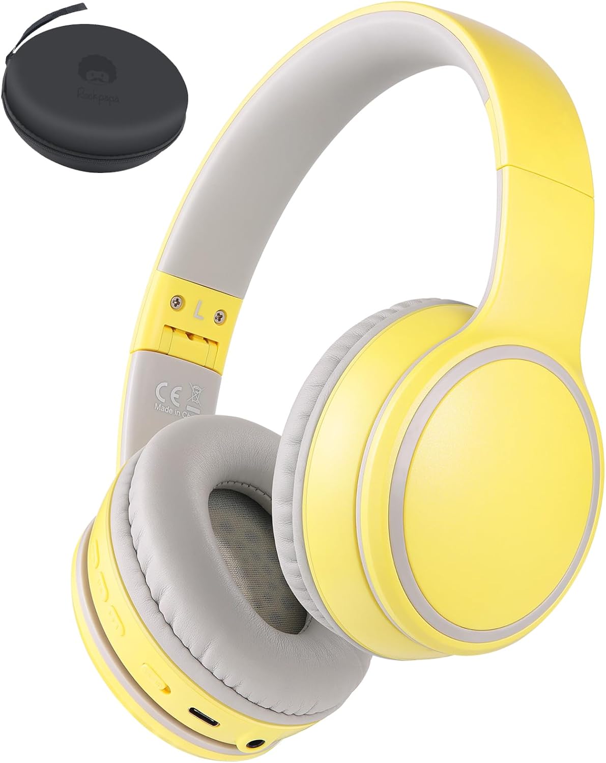 rockpapa E9 Bluetooth Headphones: Foldable, Wireless, with Mic - Yellow/ Grey