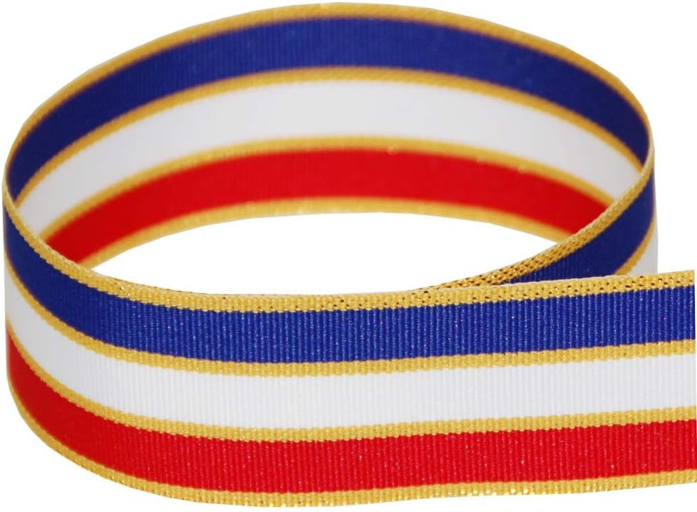 USA Made 1-3/8 Red White Blue Gold Tinsel Striped Grosgrain Ribbon