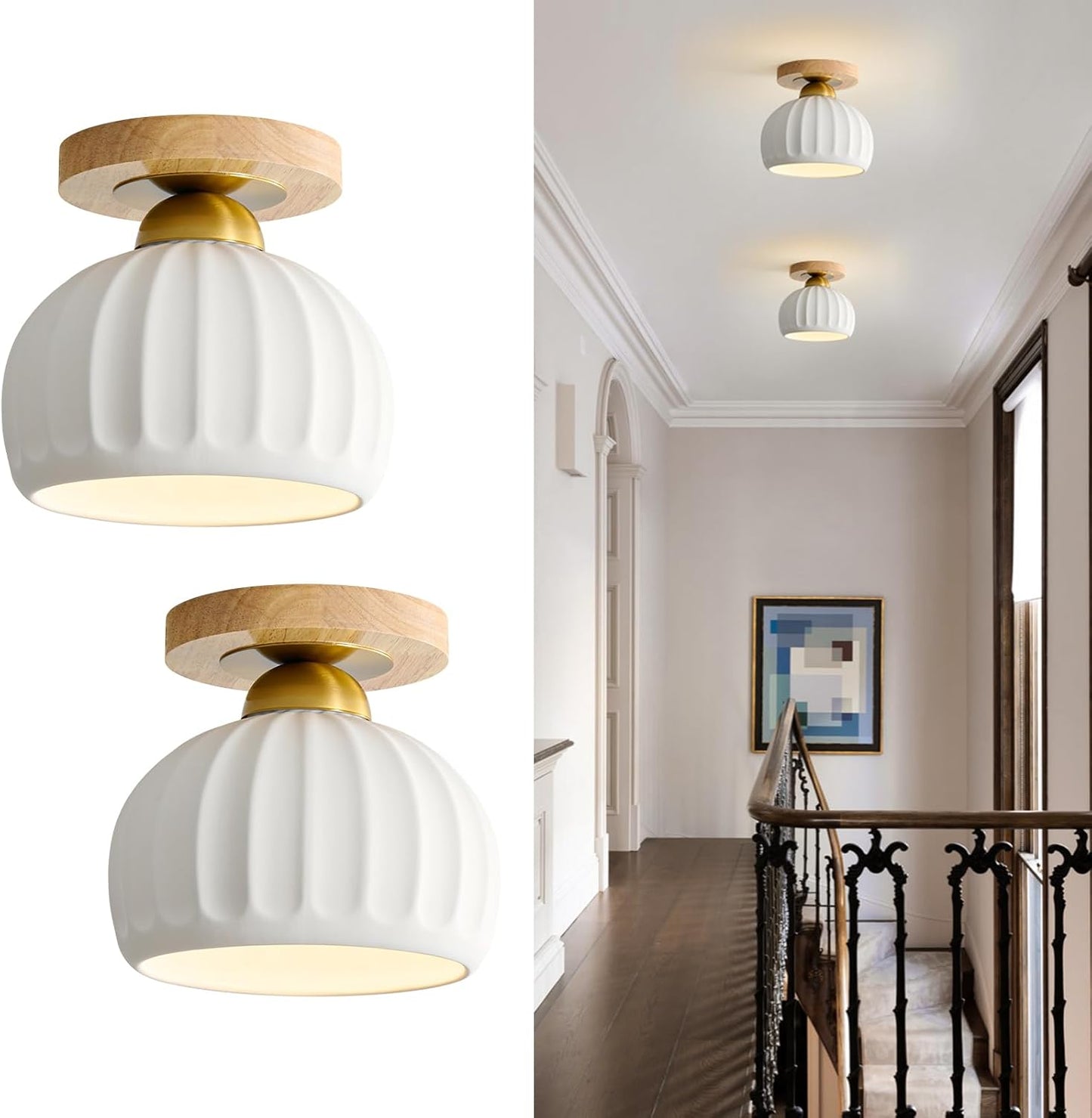 Ceramic Semi Flush Mount Ceiling Light - Vintage Style 2 Pack