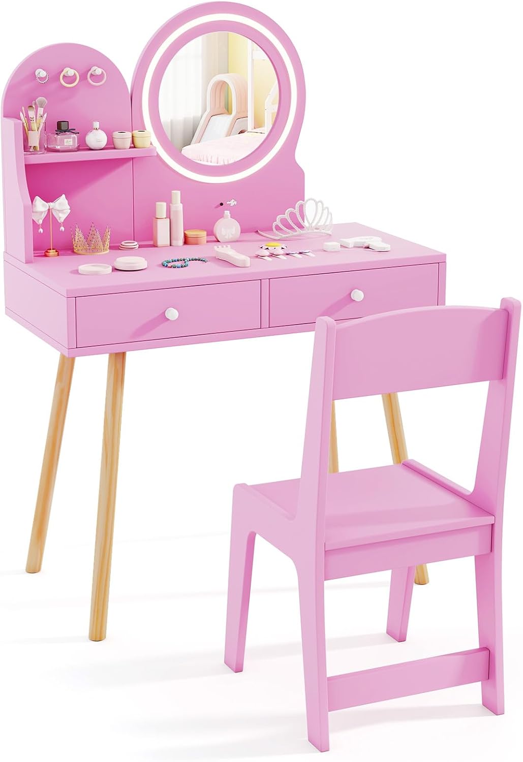 HONEY JOY Kids Vanity Set with Mirror, Lights, and Storage
