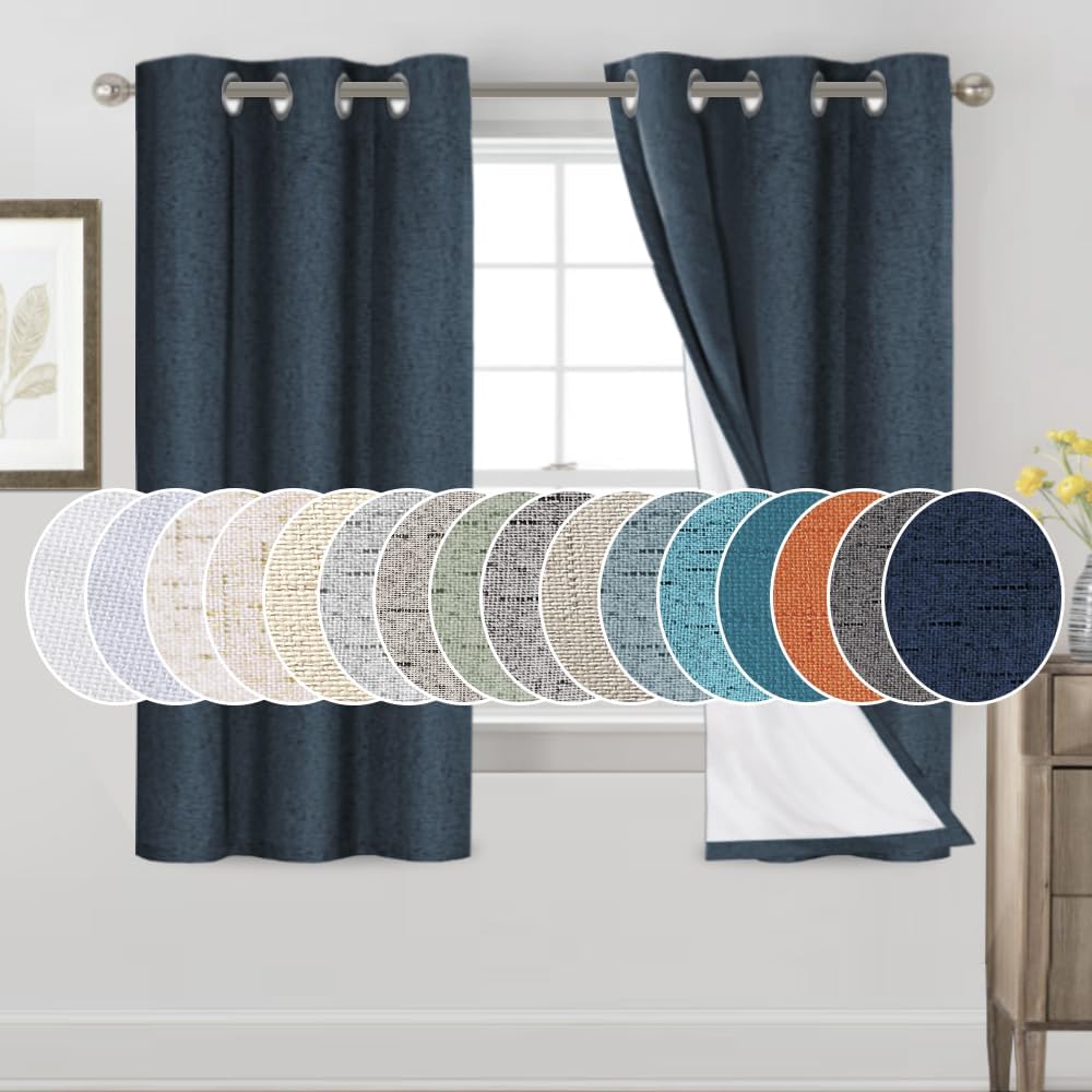 PrinceDeco Linen Blackout Curtains for Bedroom, Navy 64 in