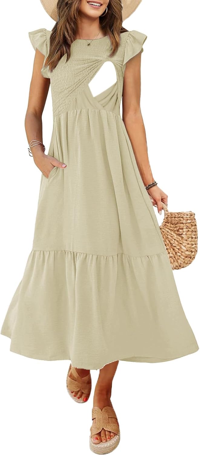 Women's Nursing Dress with Flutter Sleeves and Pockets
