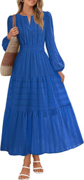 Fall Cotton V Neck Tiered Midi Maxi Dress for Women - Pockets
