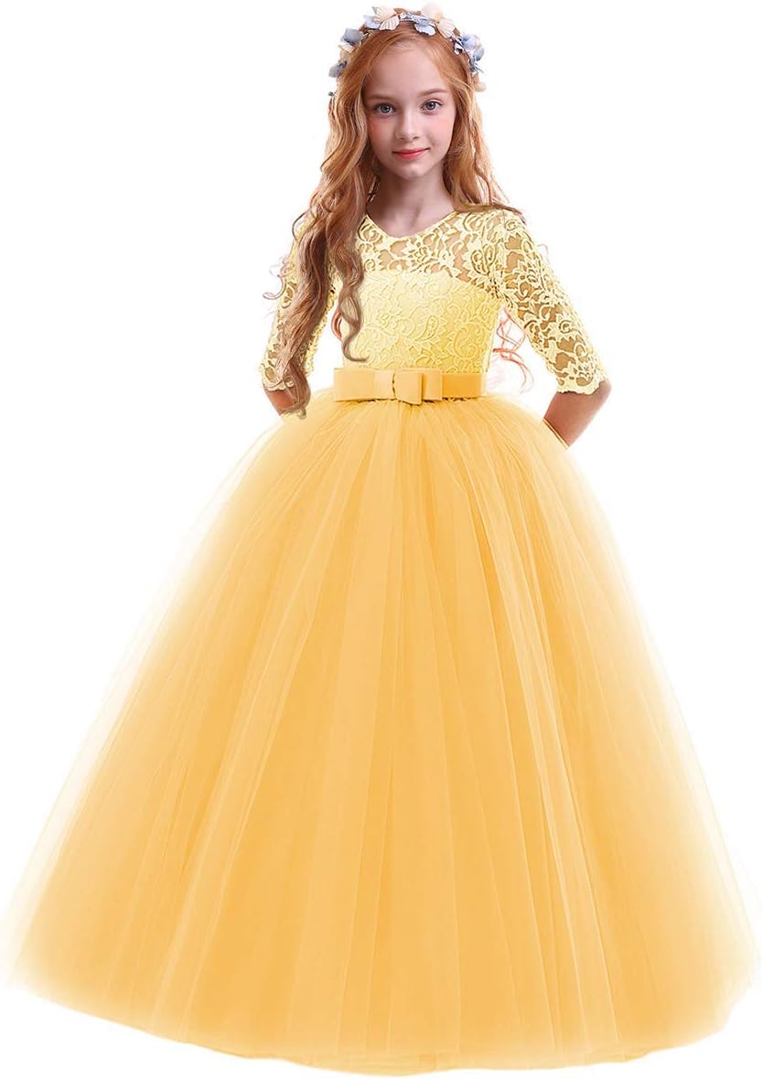 Girls Flower Vintage Floral Lace 3/4 Sleeves Dress for Parties