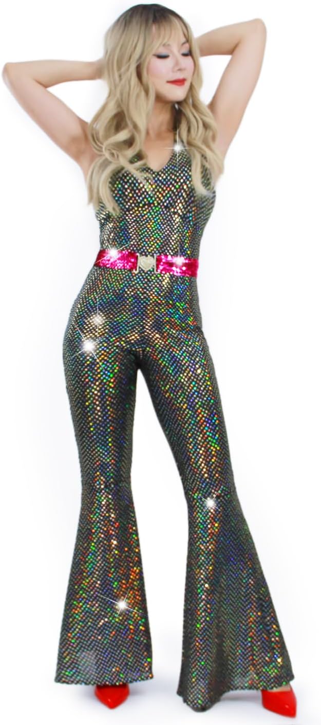 Nawgut Disco Outfit for Women: 70s 80s Sparkle Jumpsuit