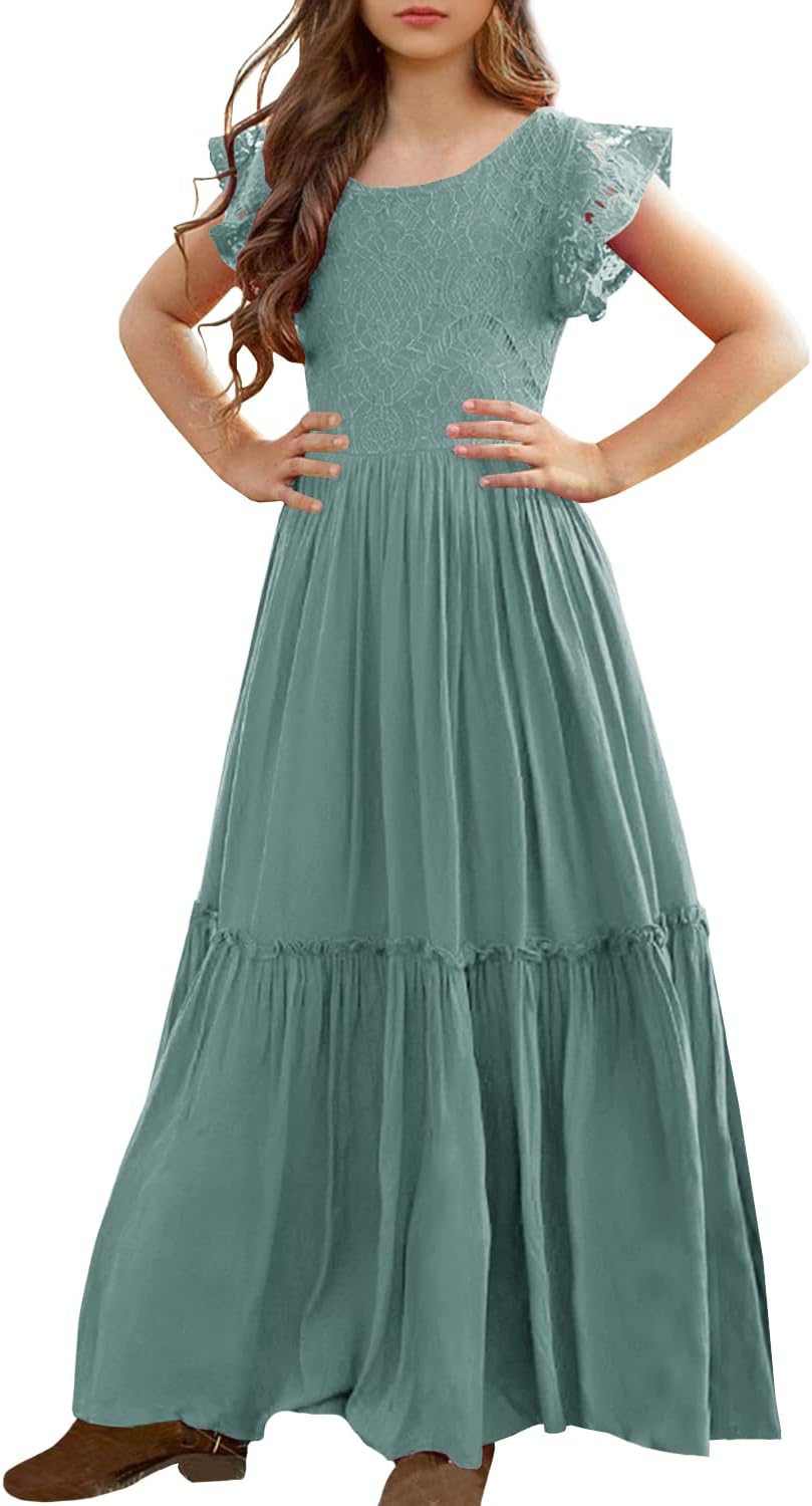 MITILLY Girls Lace Flower Ruffle Sleeve A-Line Maxi Dress