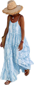 Women Summer Floral Maxi Dress Spaghetti Strap - Flowy Pocketed