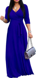 Women Plus Size Long Maxi Wrap Dress V-Neck 3/4 Sleeve - Lightweight