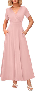 WNEEDU Women's Summer Maxi Dress Wrap V Neck with Pockets (Style K6W7)