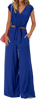 Women's Summer 2 Piece Outfits Cap Sleeve V Neck Belted Set - Casual