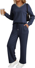 Women's 2 Piece Lounge Set V Neck Sweatshirt and Wide Leg Pants - Cozy