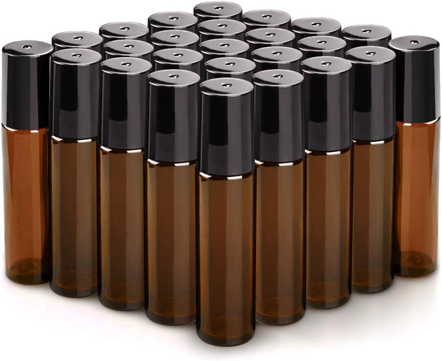 25 Pack 10ml Amber Glass Roller Bottles for Essential Oils