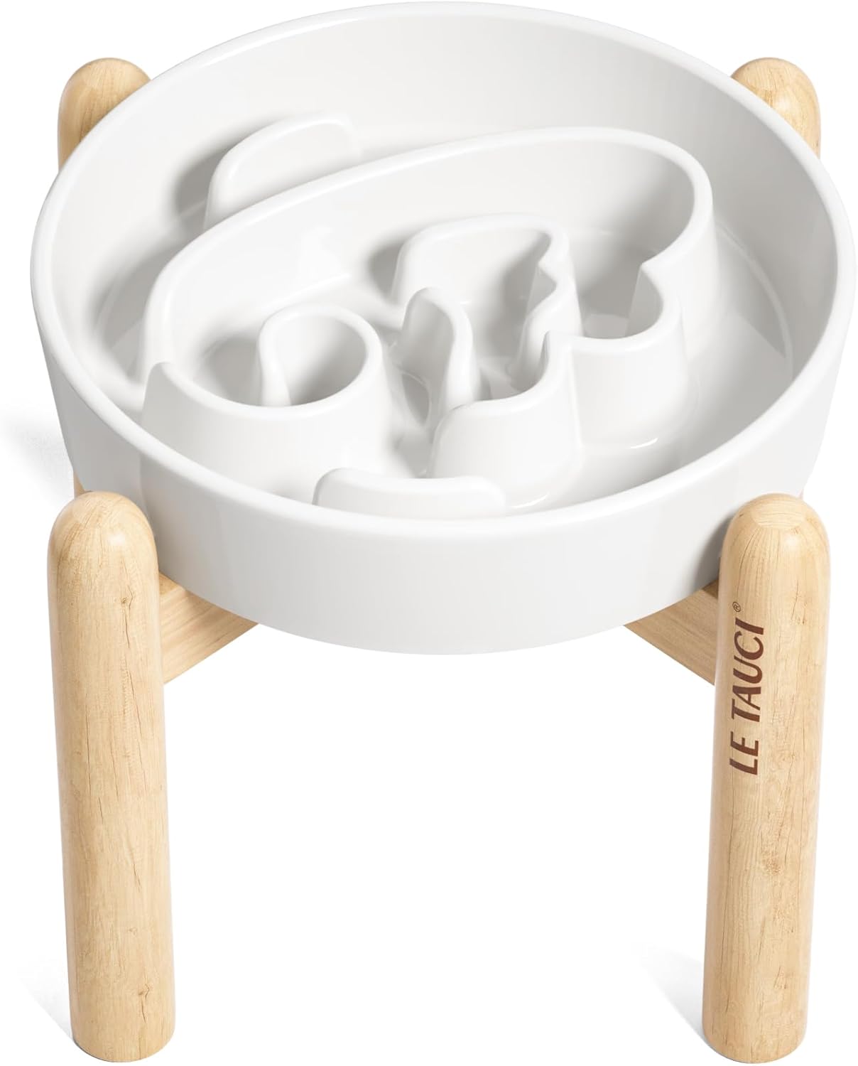 LE TAUCI Ceramic Slow Feeder Dog Bowl with Wooden Stand