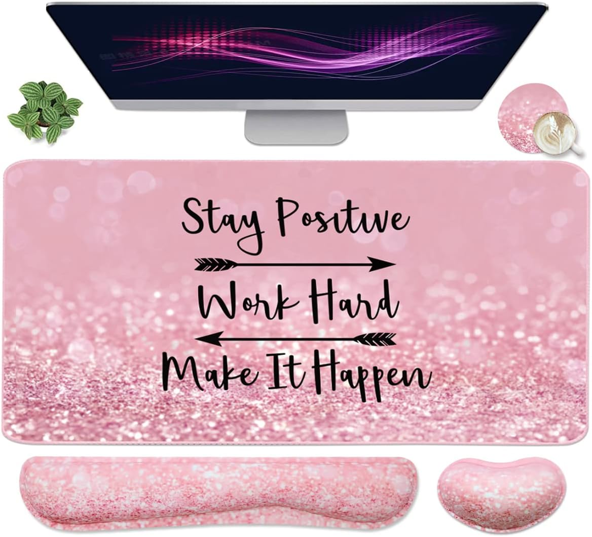 Pink Gaming Desk Set with Wrist Rest - Stay Positive