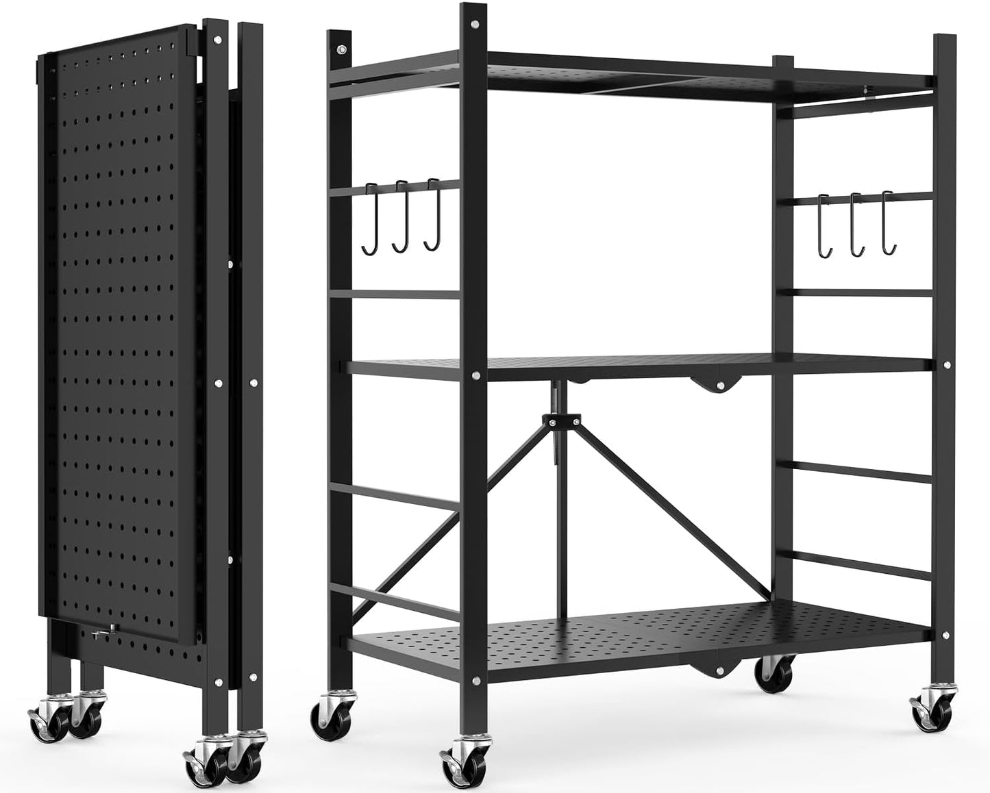 Himix 3-Tier Foldable Storage Shelves with Hooks and Wheels