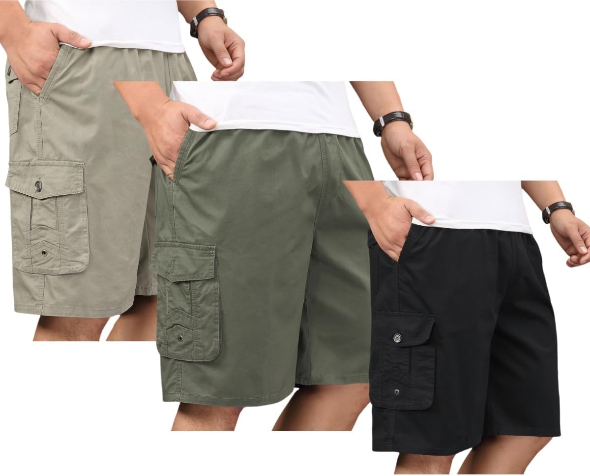 Men's Casual Twill Cargo Shorts with Elastic Waist and Pockets