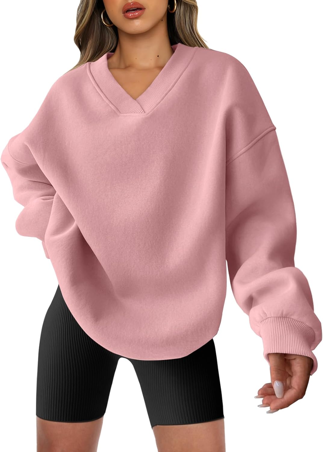 Oversized V Neck Sweatshirt for Women - Comfy Fleece Pullover