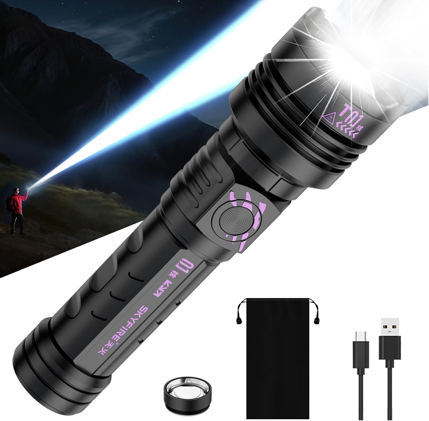 SKYFIRE Rechargeable Flashlight: High Lumens & 5 Modes