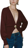 Women Knitted Cardigan V-Neck Slim Cropped Button Down - Lightweight