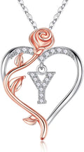 Rose Heart Initial Necklace - Sterling Silver Rose Heart Pendant