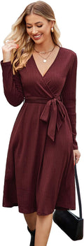Newshows Womens 2025 Fall Knit Midi Sweater Belt Dress - Versatile