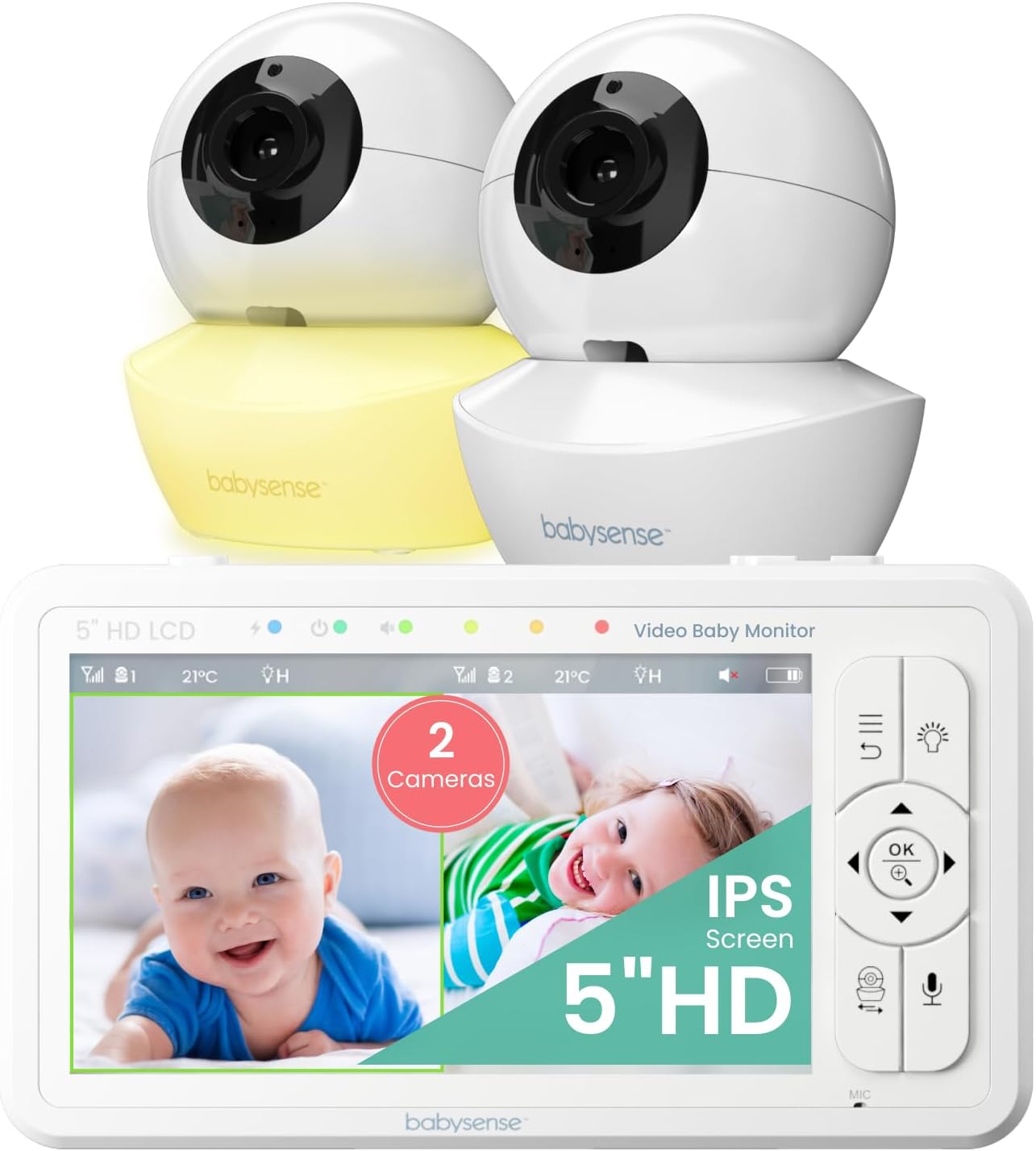 Babysense 5 HD Split-Screen Baby Monitor: Crystal Clear Video, 2 Cameras, Night Vision