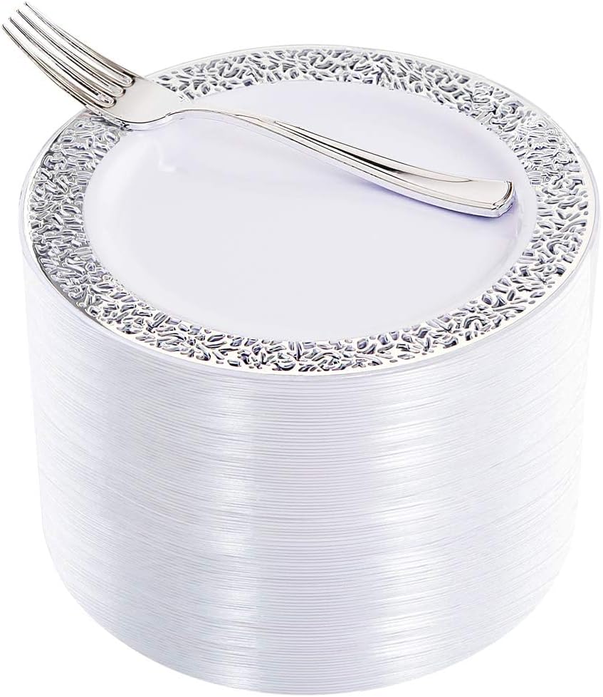 WDF 100pcs Silver Plastic Dessert Plates and Forks for Parties