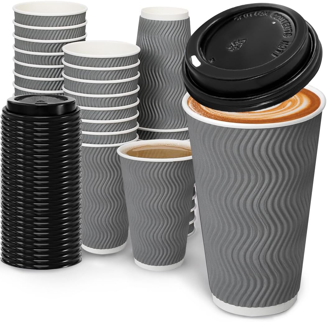 16 oz Coffee Cups with Lid - 100 Pack Insulated Ripple Cups