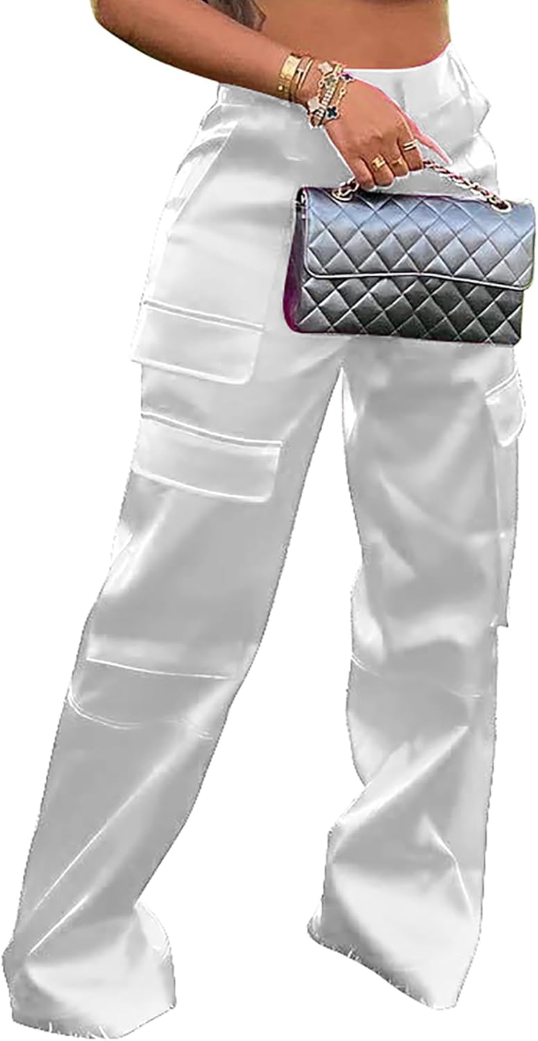 Stylish High Waisted Satin Cargo Pants for Women with Pockets