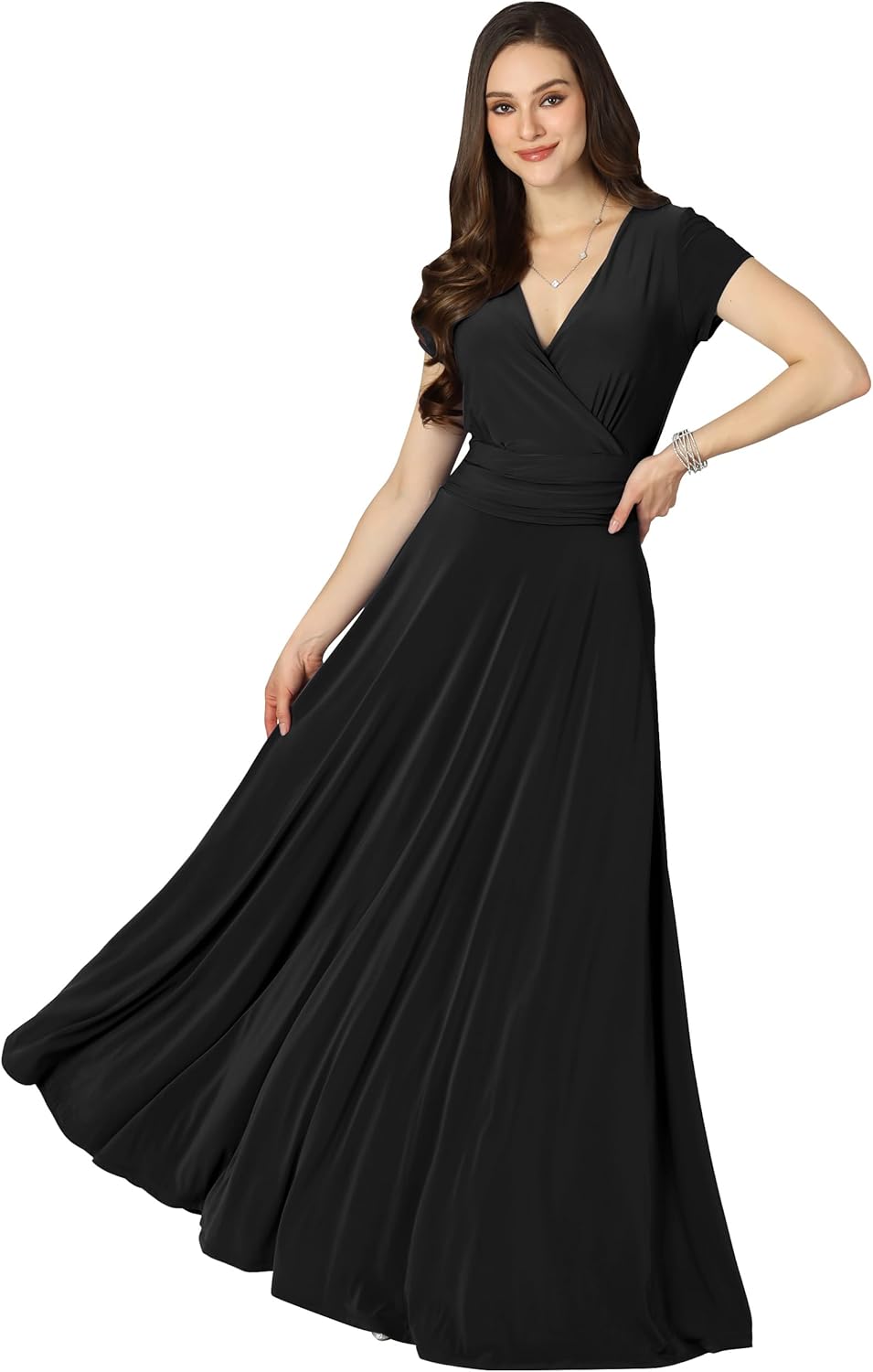 KOH KOH Womens Sexy Cap Short Sleeve V-Neck Flowy Gown
