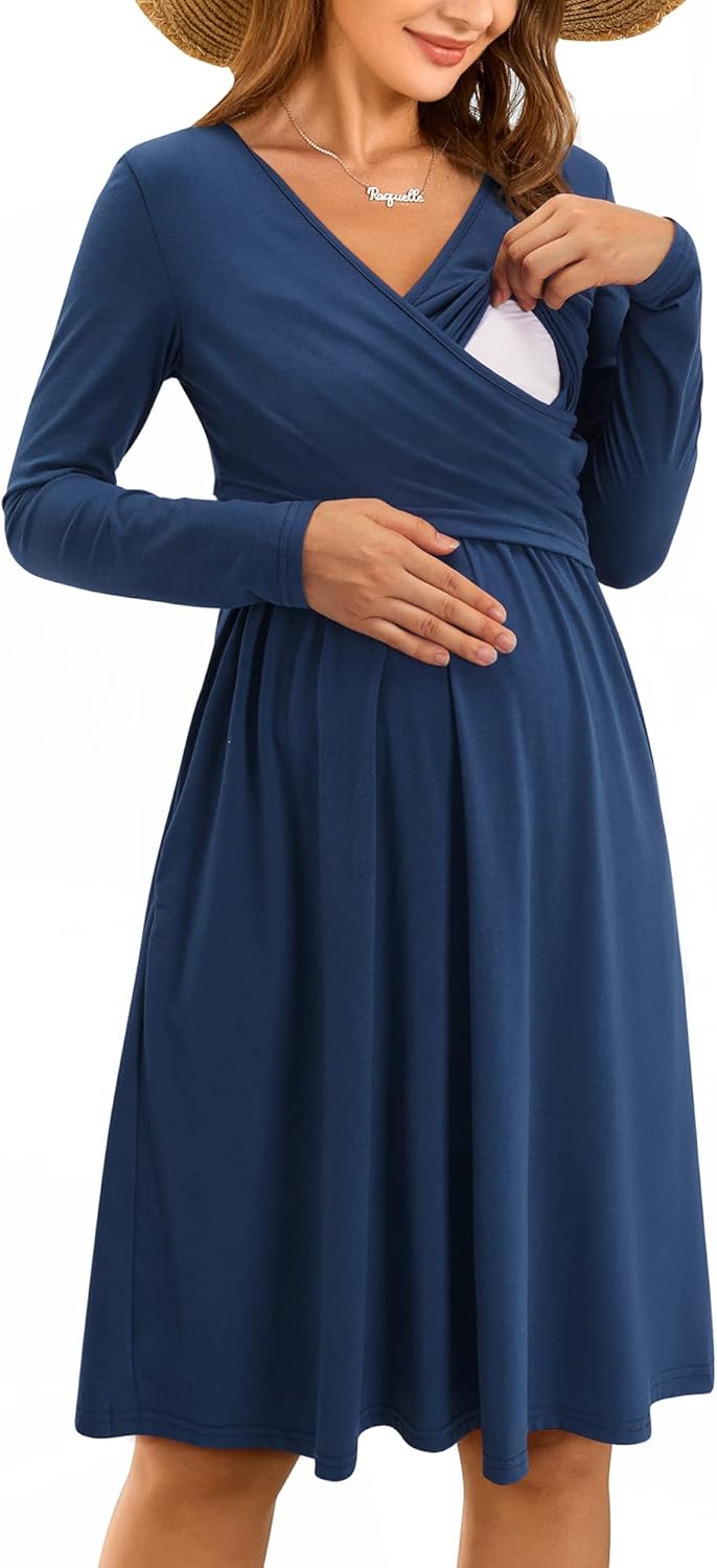 OUGES Womens V-Neck Maternity Dress for Nursing and Baby Showers
