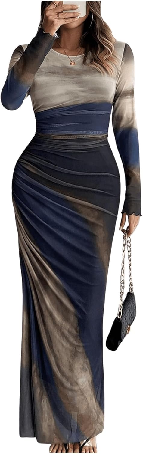 Women's Tie Dye Long Sleeve Maxi Dress for Night Out Events