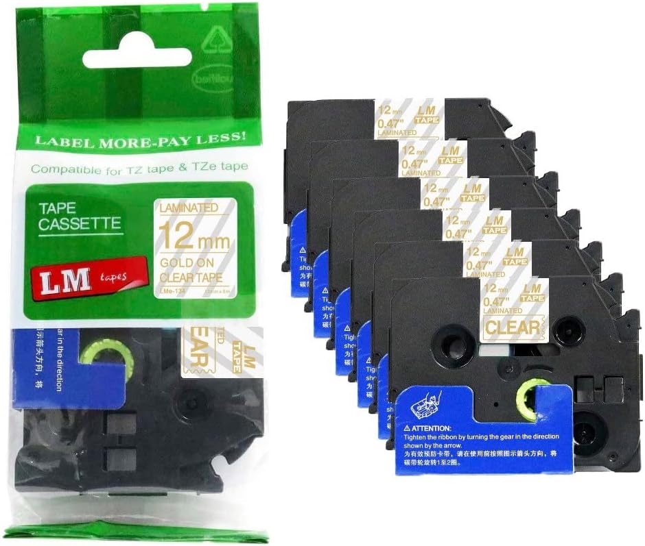 6/Pack LM Tapes - Premium 1/2 Gold Print on Clear Labels