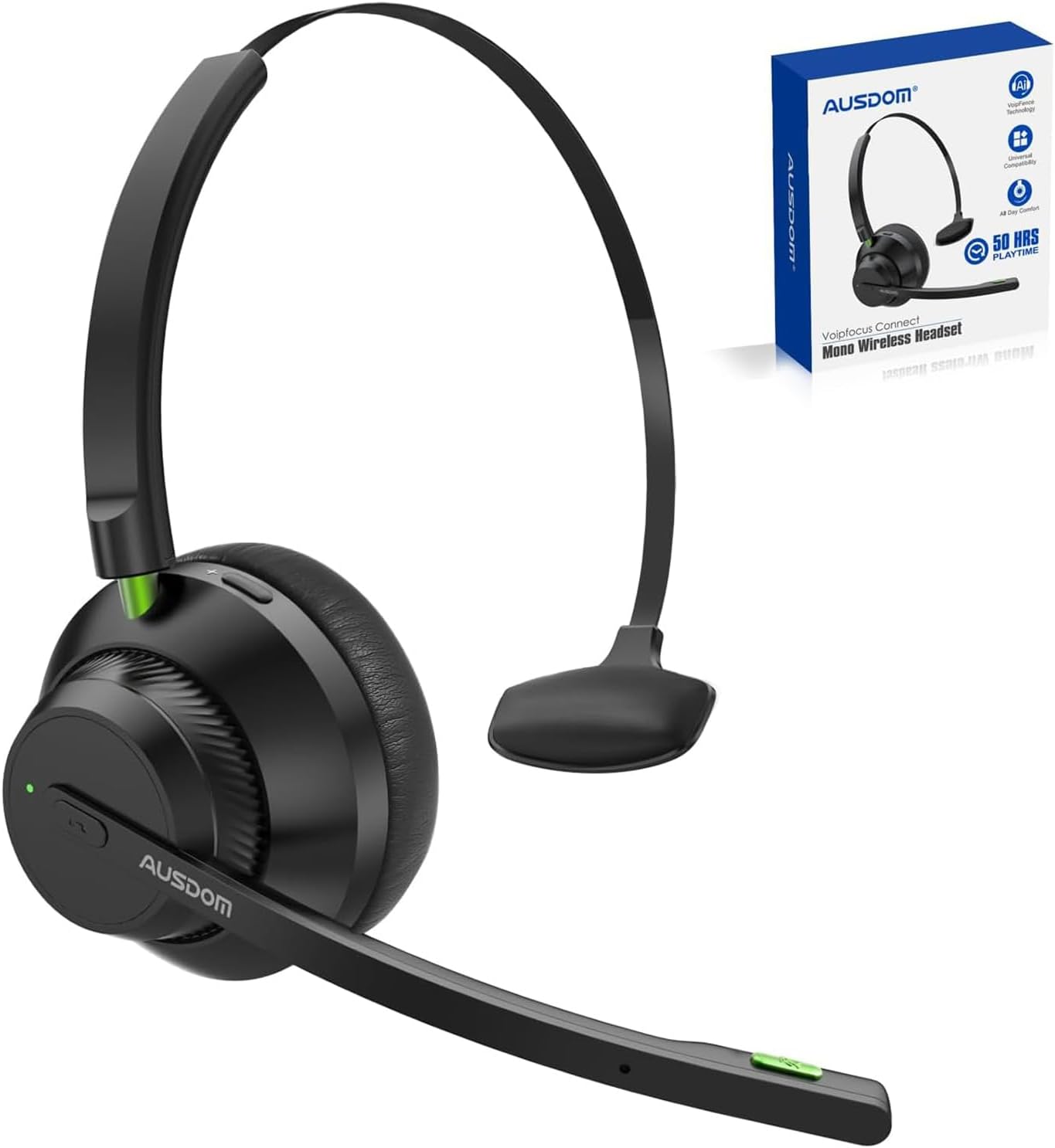 AUSDOM Trucker Bluetooth Headset: AI Noise Cancelling Mic, 50H Playtime