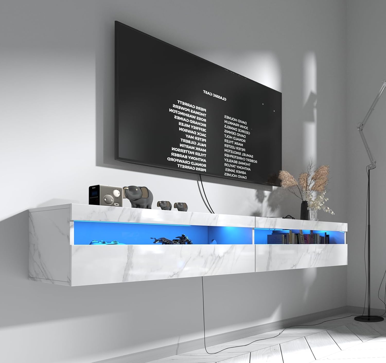 71 Floating TV Stand w/ LED Lights & Outlet - Modern White Gloss