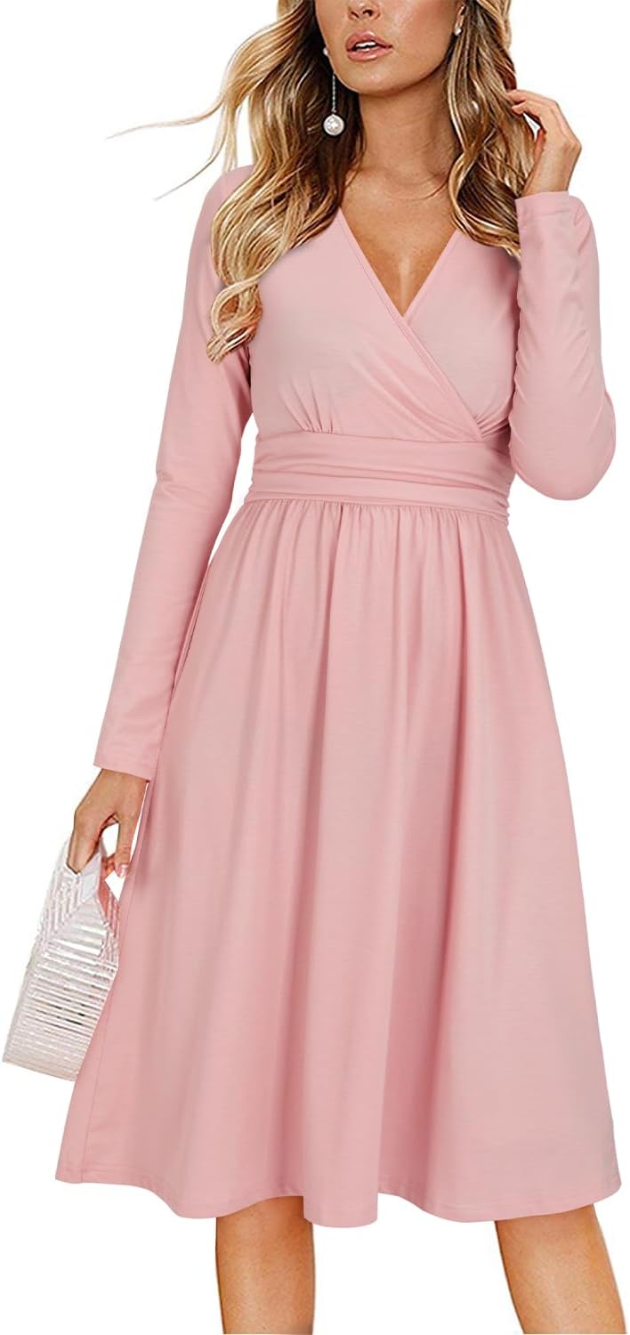 OUGES Women's Fall Long Sleeve Dress with Pockets for Weddings