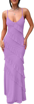 HOCILLE Women's Sexy V Neck Backless Bodycon Maxi Dress - Ruffle
