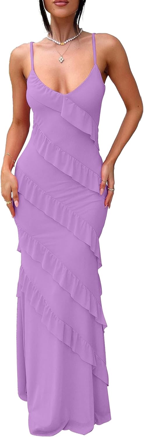 HOCILLE Women's Sexy V Neck Backless Bodycon Maxi Dress