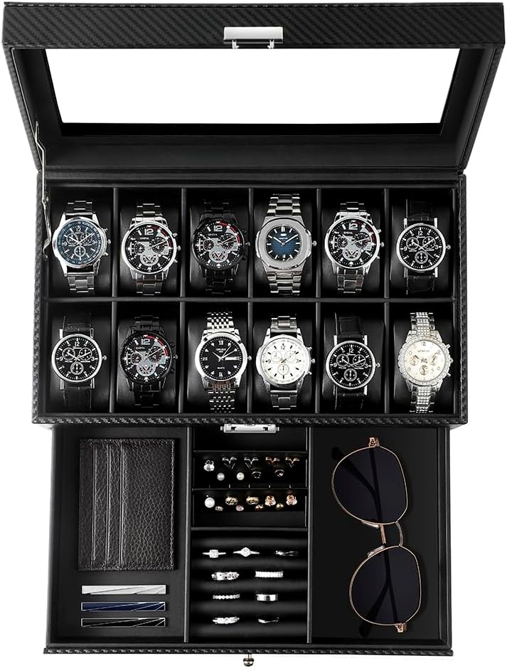 GUKA Watch Box with 12 Slots and Real Glass Lid for Men