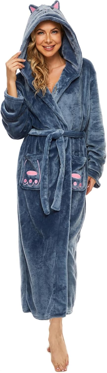 Iniber Plush Robes for Women - Cozy Fleece Hooded Bathrobe